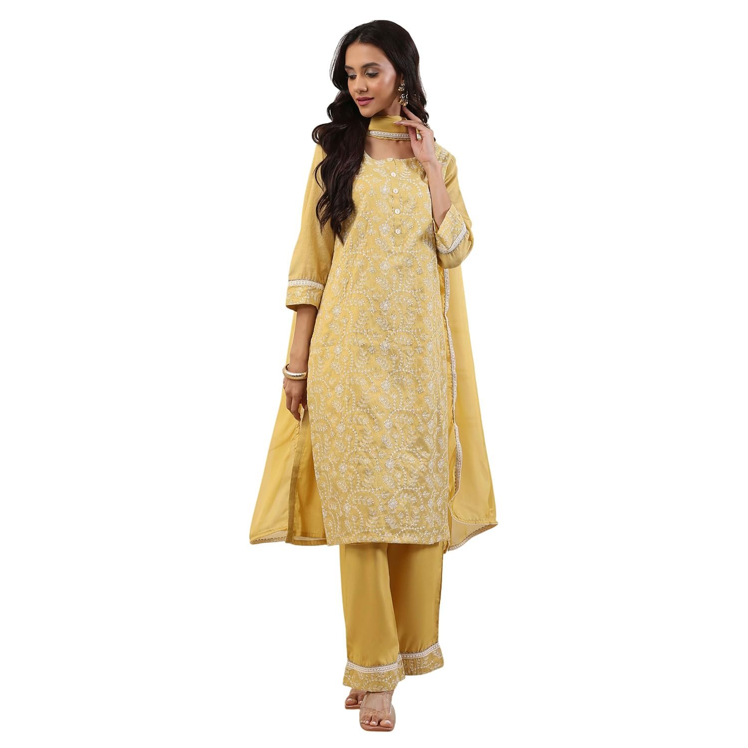 BIBA Dyed Zari Cotton Tissue Straight Festive Kurta With Palazzo and Dupatta