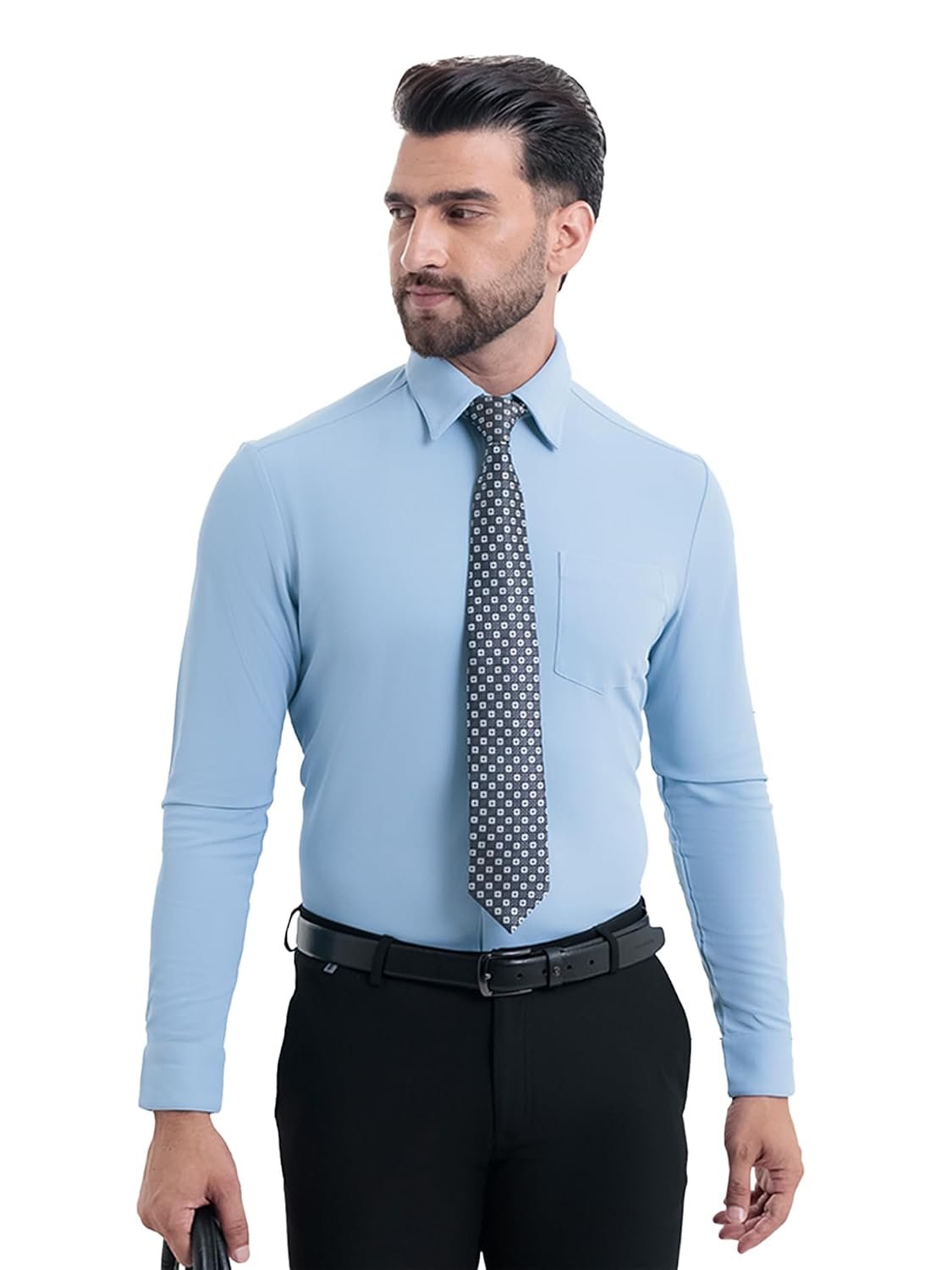 Workday Shirt with Tie Collar for Men |Long Sleeve| Regular Fit| Superior Stretch| Wrinkle Free| Shape Retention| Detachable Collar Bone| Anti-Viral Finish| UPF 50+