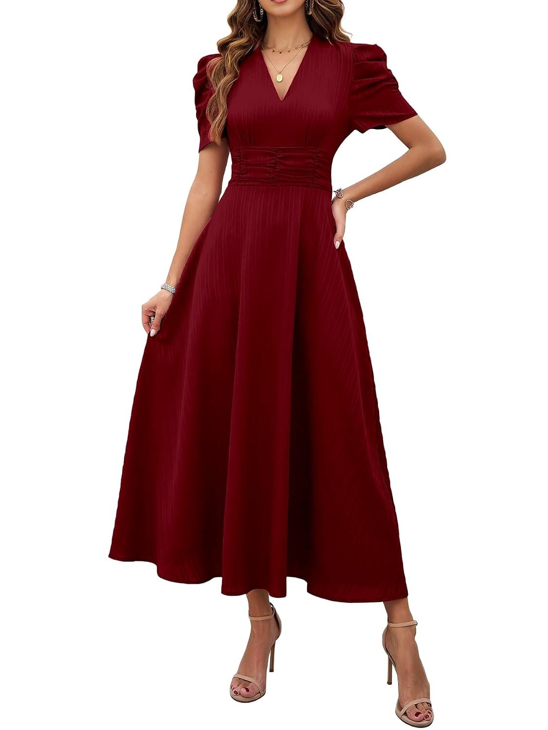 Shasmi Girl’s & Women’s Solid Color V-Neck A-Line Maxi Dress for Women | New Year Party Outfit | Waist Cinched Puff Sleeve Western | Elegant Casual Wear (Dress 246)