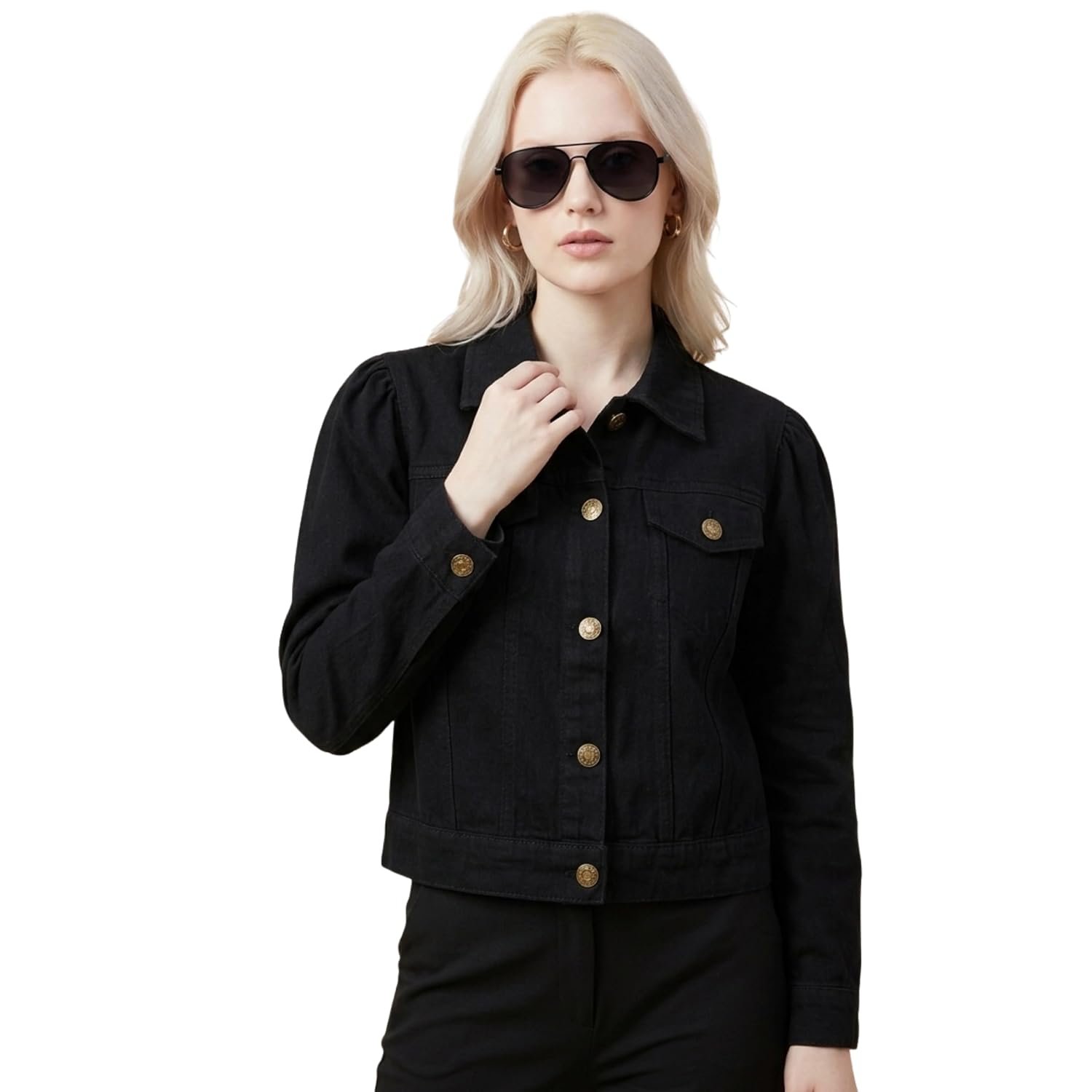 Women’s Denim Jacket with Golden Buttons | Full Sleeve Cropped Denim Jacket for Women | Casual Stylish Western Jacket for Girls | Solid Jean Jacket