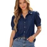 Vogaan Denim Women Shirt Classic Indigo Button-Down Shirt with Minimal Bow Detail, Relaxed Fit for Everyday Casual Elegance and Timeless Style Demin Top