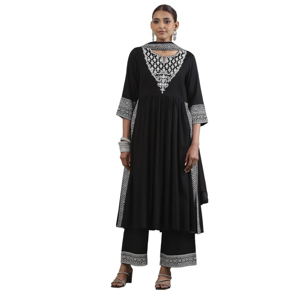 BIBA Dyed Rayon Gathered Festive Kurta With Palazzo and Dupatta