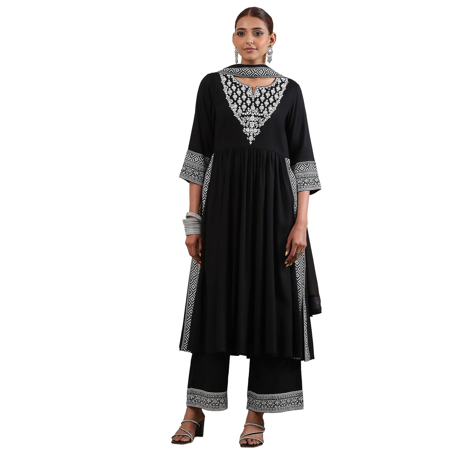 BIBA Dyed Rayon Gathered Festive Kurta With Palazzo and Dupatta