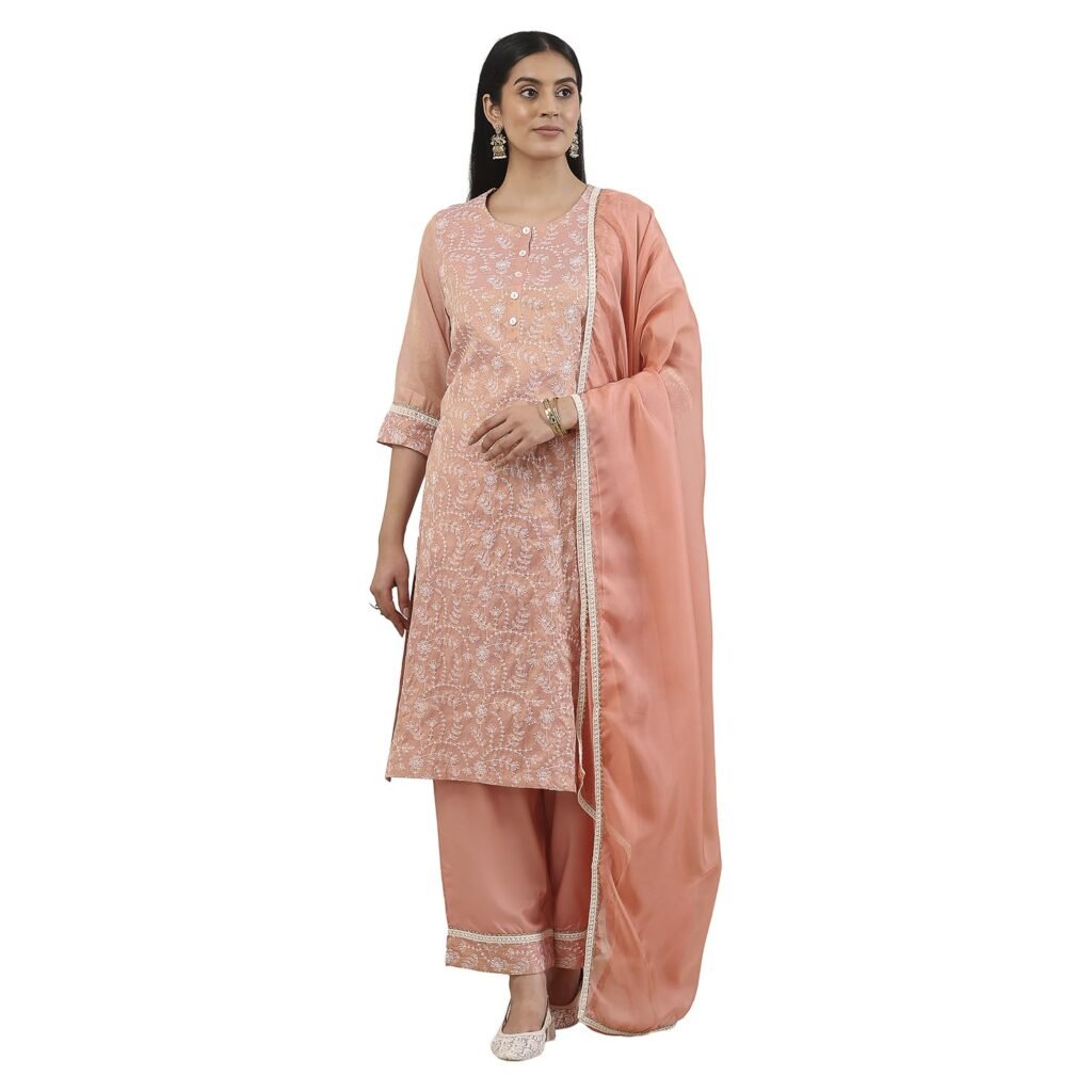 BIBA Dyed Zari Cotton Tissue Straight Festive Kurta With Palazzo and Dupatta