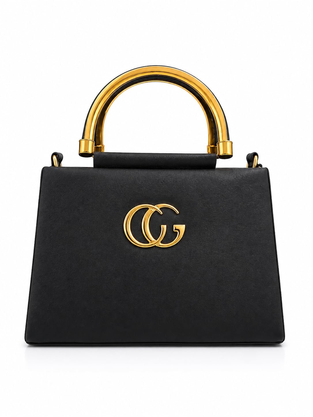 Black Structured Top Handle Bag with Gold Hardware