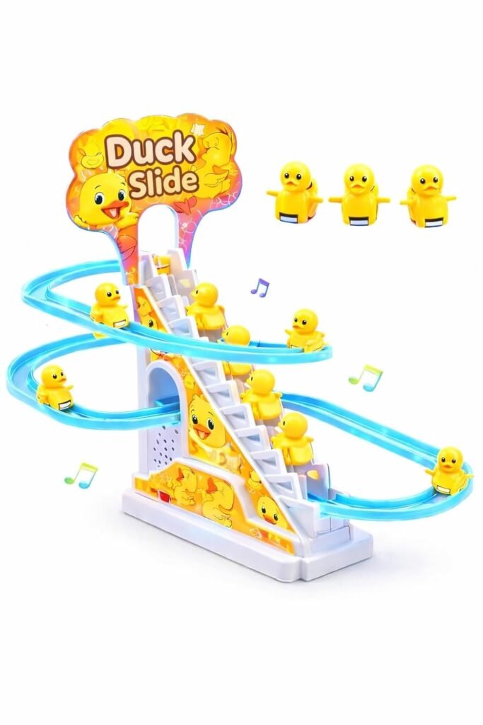 TEC TAVAKKAL Duck Slide Toy Set, Funny Automatic Stair-Climbing Ducklings Cartoon Race Track Set Duck Roller Coaster Escalator Toy with Flashing Lights & Music (Duck Slide Track Set) TEC TAVAKKAL Duck Slide Toy Set, Funny Automatic Stair-Climbing Ducklings Cartoon Race Track Set Duck Roller Coaster Escalator Toy with Flashing Lights & Music (Duck Slide Track Set)