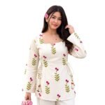 Women’s Rayon Printed Short Kurti with Square Neck & Long Flared Sleeves – Stylish Ethnic Casual Wear with Tie Detailing
