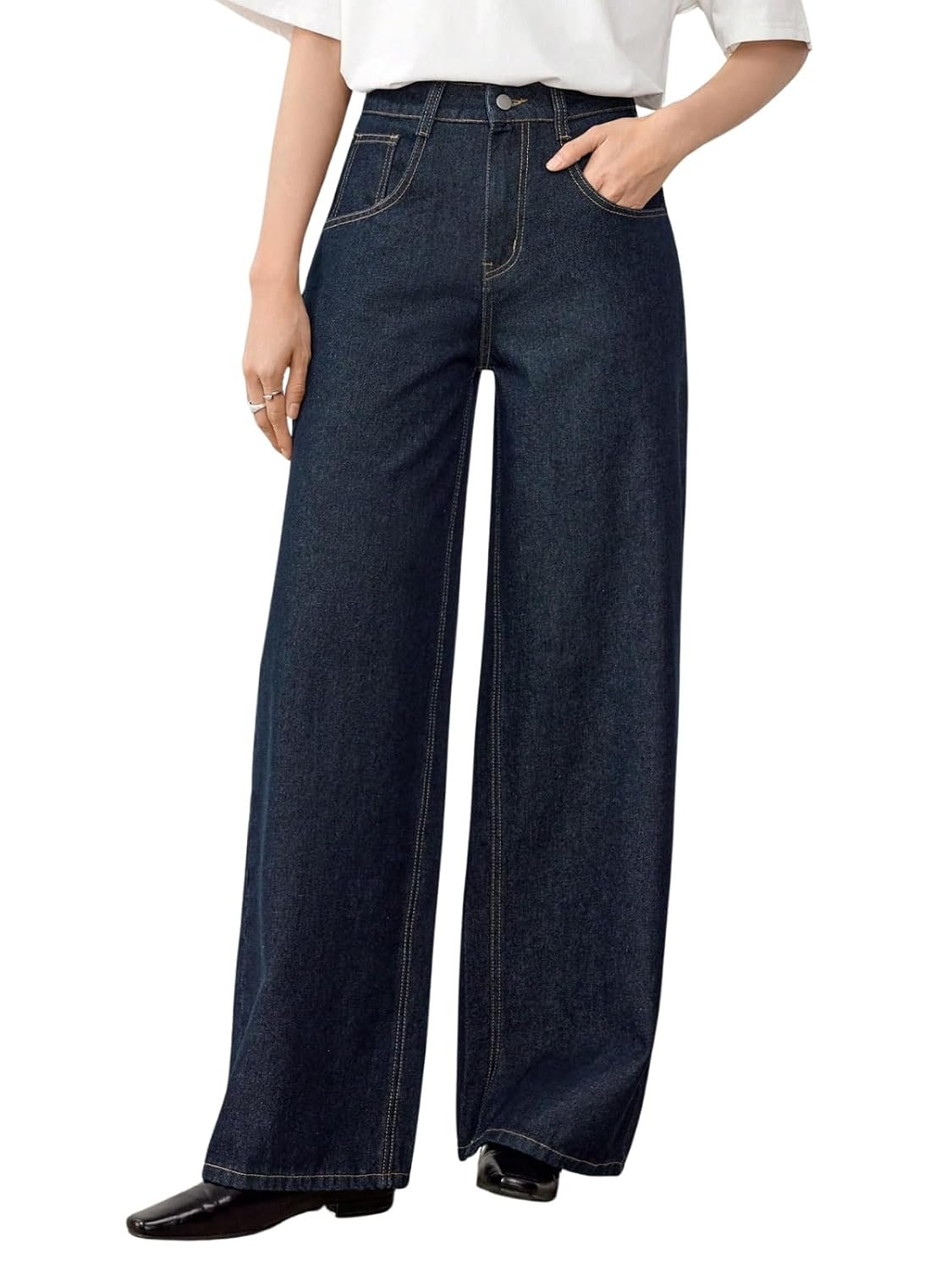 GRECIILOOKS Denim Jeans for Women High Rise Waist | Relaxed Baggy Jeans for Woman Bootcut Wide Leg | Casual Loose Fit Denim Jean with Secure Zip & Button Closure | Stylish Everyday Wear Pant