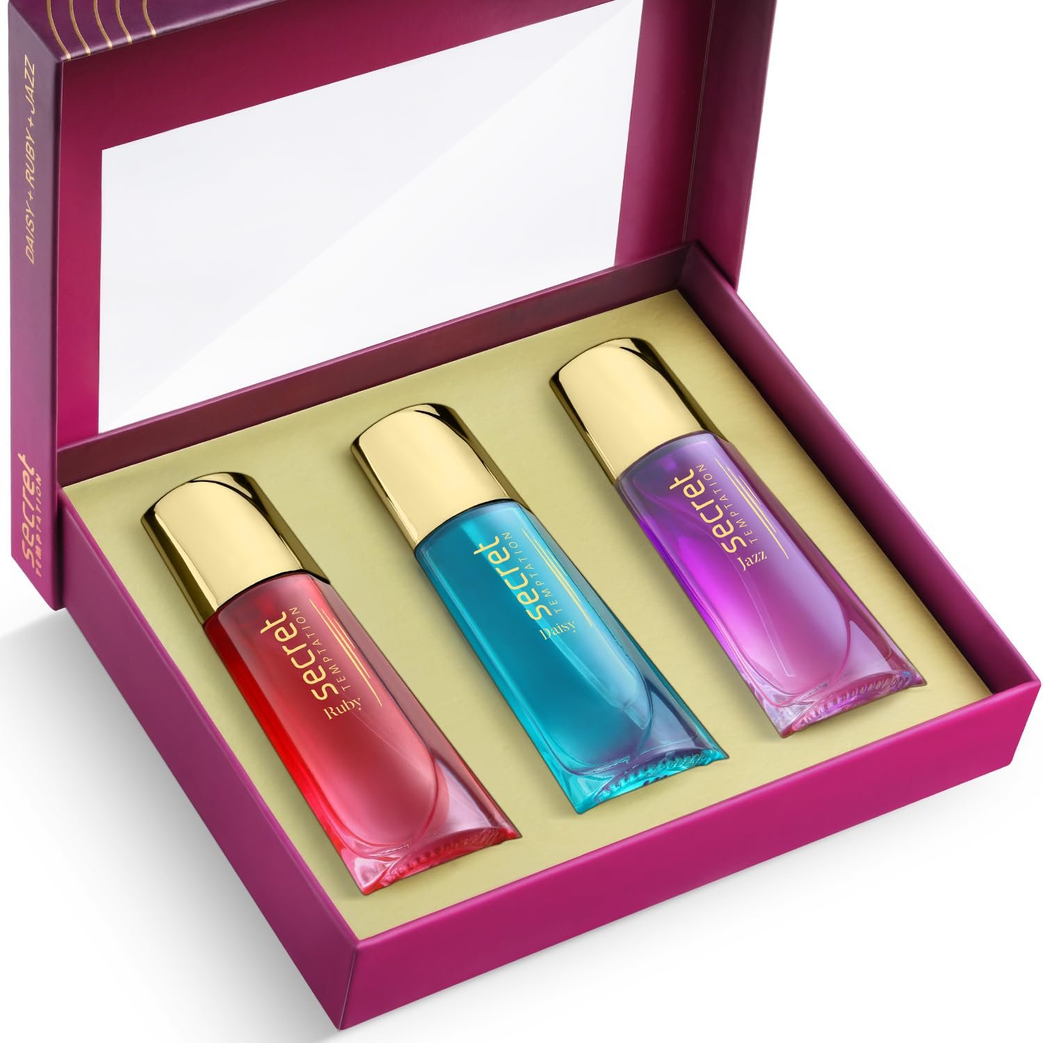 Secret Temptation EAU DE Parfum Gift Set for Women, Pack of 3 (3x30ml)|Premium Long-Lasting Perfume Gift Pack|Elegant & Luxurious Fragrances with Ruby, Daisy & Jazz|Best Rakhi Gift for Her for Any Occasion