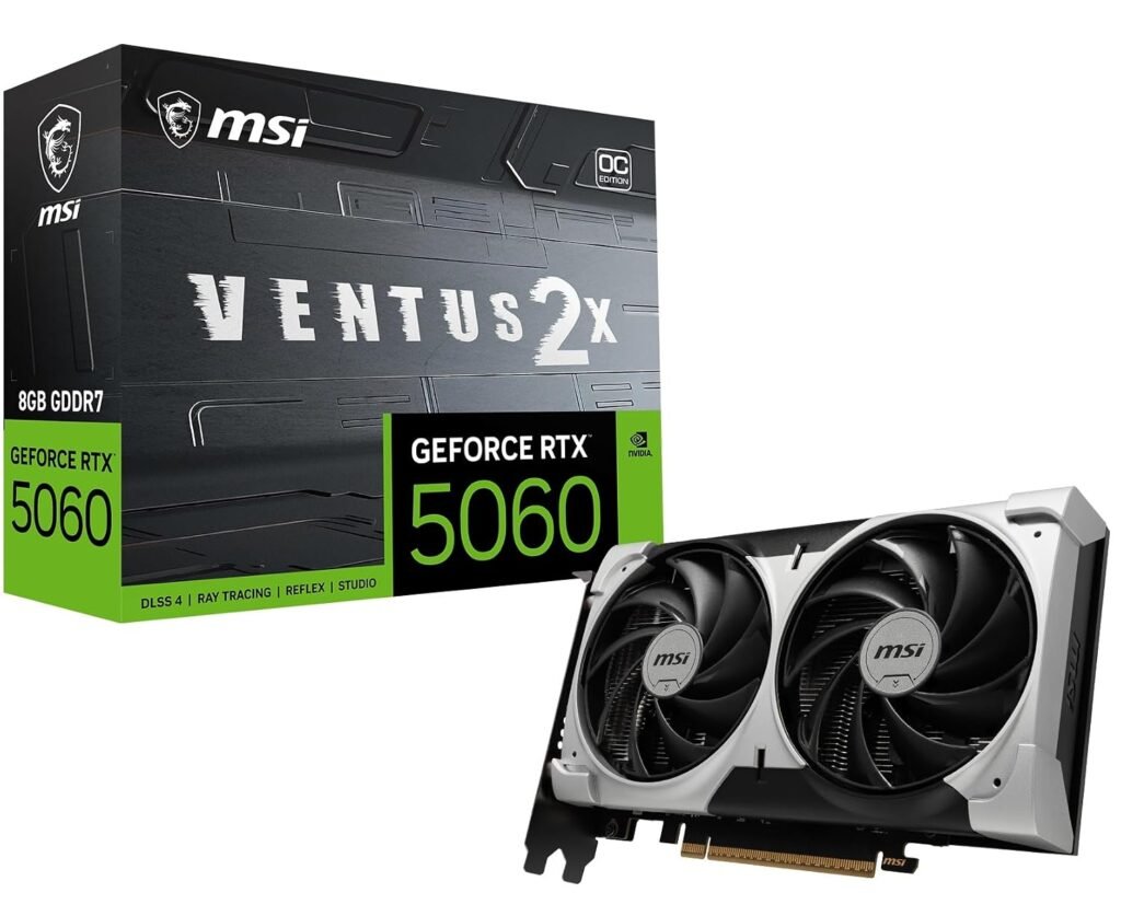 MSI GeForce RTX 5060 8G Ventus 2X OC V1 Gaming Graphics Card, 8GB GDDR7, 3840 CUDA Cores, PCIe Gen 5, TORX Fan 5.0, Zero Frozr, HDMI 2.1b, DisplayPort v2.1b MSI GeForce RTX 5060 8G Ventus 2X OC V1 Gaming Graphics Card, 8GB GDDR7, 3840 CUDA Cores, PCIe Gen 5, TORX Fan 5.0, Zero Frozr, HDMI 2.1b, DisplayPort v2.1b