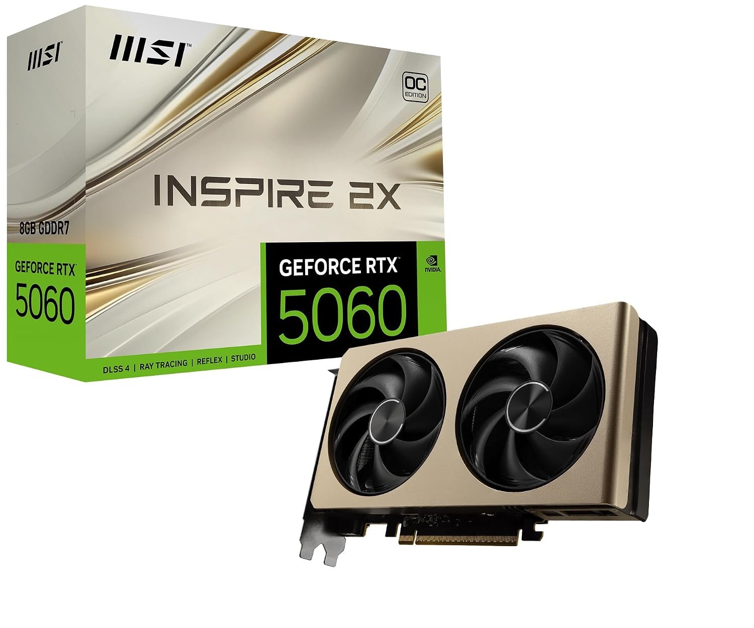 MSI GeForce RTX 5060 8G Inspire 2X OC Graphic Card – NVIDIA GeForce RTX 5060 GPU, 8GB GDDR7 128-bit Memory, 28 Gbps, PCI Express Gen 5 x16 Interface, Upto 2535 MHz, STORMFORCE Fan