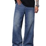 AVANOVA Men’s Baggy Fit Jeans– Solid Washed Denim Straight Wide-Leg | Streetwear Casual Dailywear Pants for Men | Trendy Loose-Fit Mid-Waist Denim Trousers (Jeans 247)