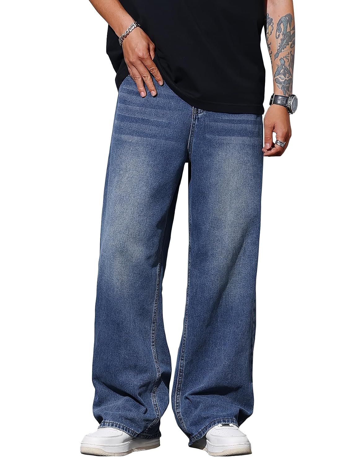 AVANOVA Men’s Baggy Fit Jeans– Solid Washed Denim Straight Wide-Leg | Streetwear Casual Dailywear Pants for Men | Trendy Loose-Fit Mid-Waist Denim Trousers (Jeans 247)