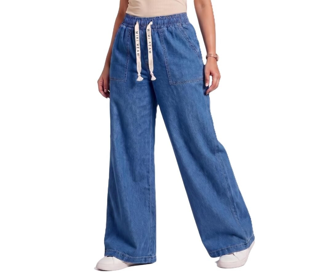 Women Wide Leg Soft Denim Jeans High Waist Elastic Drawstring