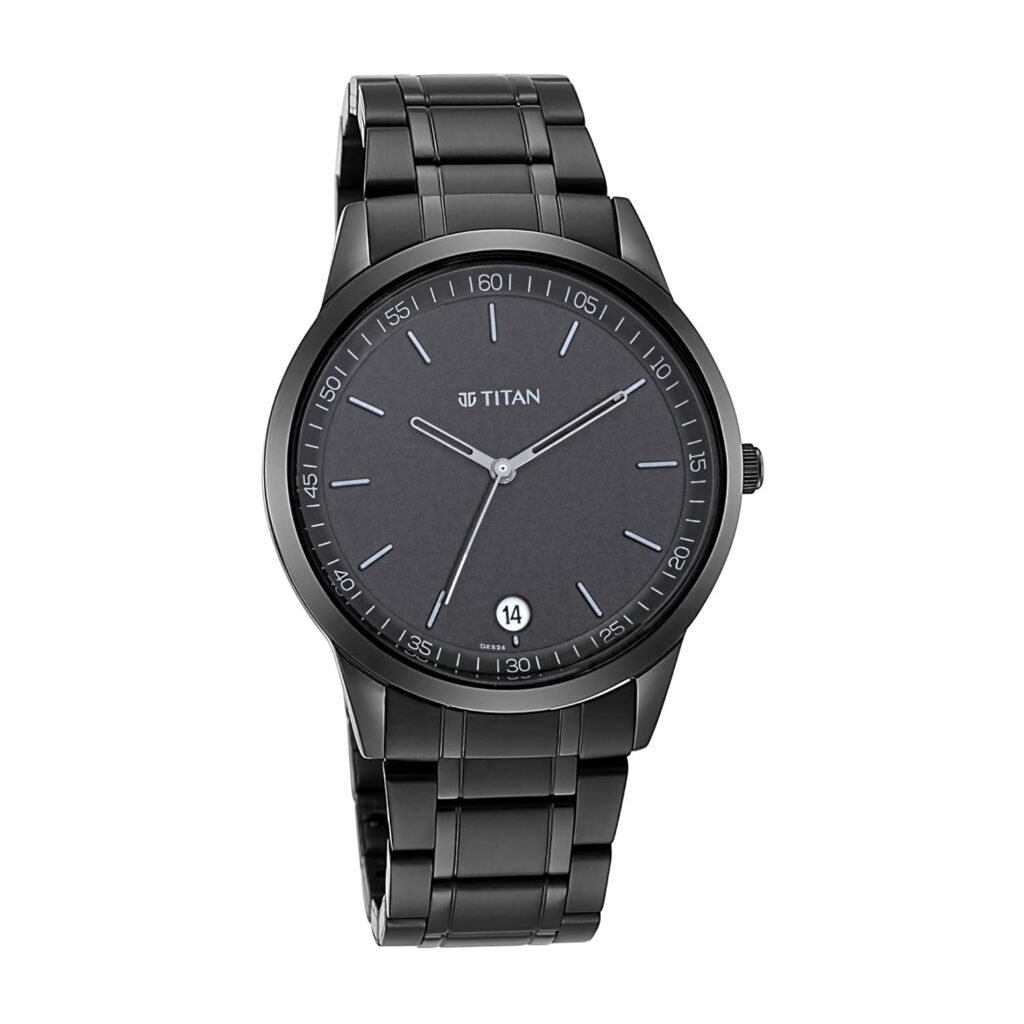 Titan Minimalist Quartz Analog with Date Black Dial Black Metal Strap Watch For Men – NT1806NM01 Titan Minimalist Quartz Analog with Date Black Dial Black Metal Strap Watch For Men – NT1806NM01