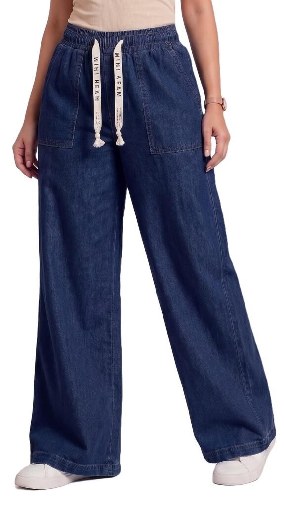 Women Wide Leg Soft Denim Jeans High Waist Elastic Drawstring