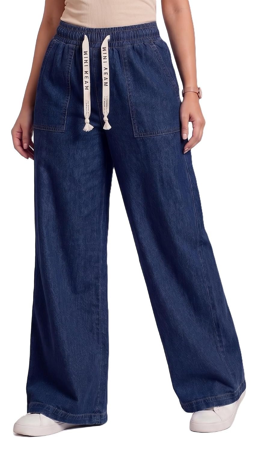 Women Wide Leg Soft Denim Jeans High Waist Elastic Drawstring