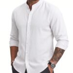 Men’s Casual Button Down Shirts Long Sleeve Linen Shirt Fashion Textured Beach Thin Fabric Summer Shirt Extra Lightweight Shirts (A-1003)