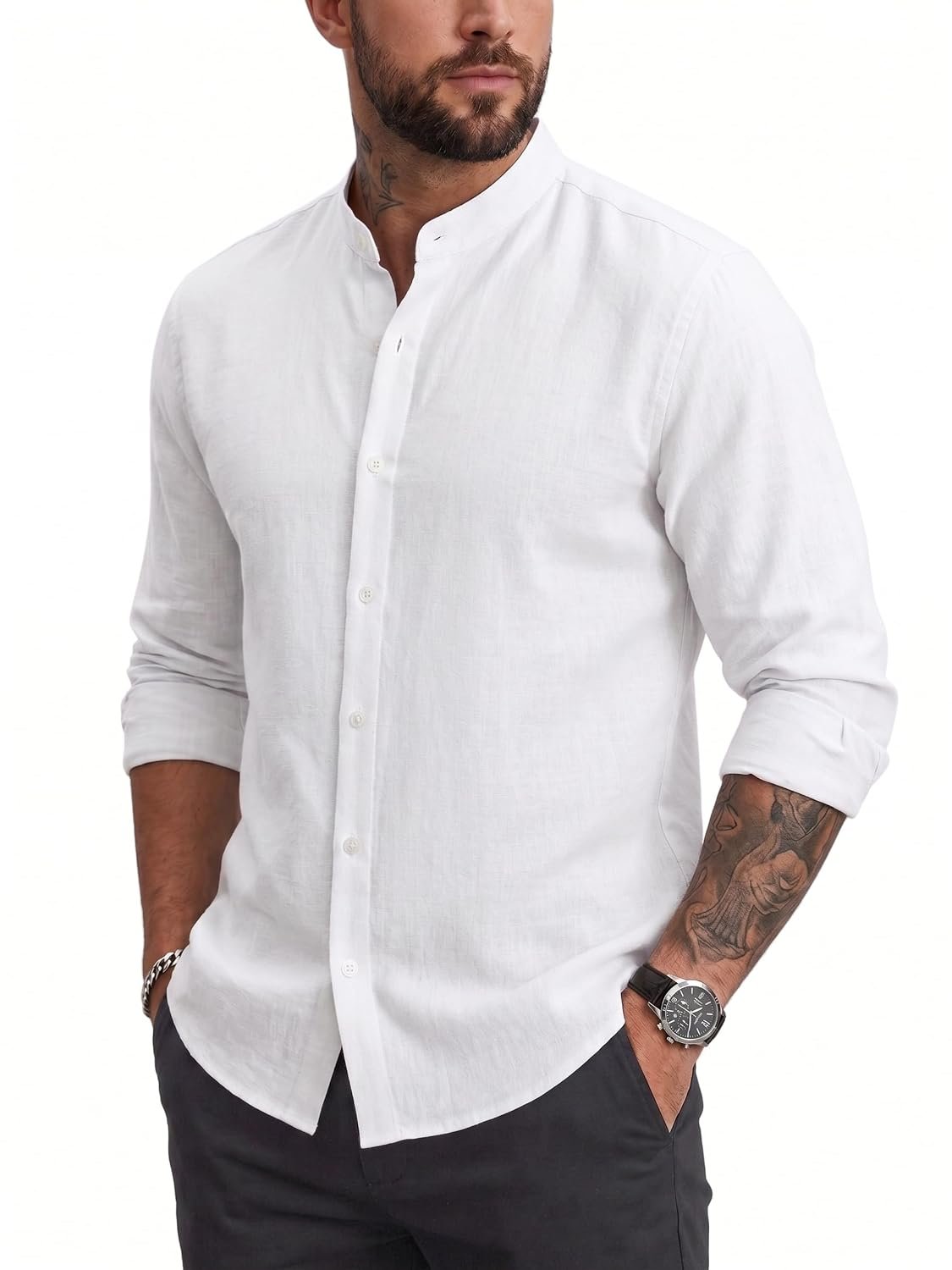 Men’s Casual Button Down Shirts Long Sleeve Linen Shirt Fashion Textured Beach Thin Fabric Summer Shirt Extra Lightweight Shirts (A-1003)
