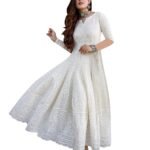 LookMark Women’s Chikankari Embroidered Ethnic Gown, Ankle Length Flared Dress, 3/4 Sleeves, Traditional Indian Wear