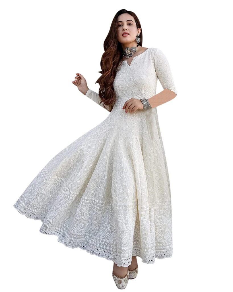 LookMark Women’s Chikankari Embroidered Ethnic Gown, Ankle Length Flared Dress, 3/4 Sleeves, Traditional Indian Wear LookMark Women’s Chikankari Embroidered Ethnic Gown, Ankle Length Flared Dress, 3/4 Sleeves, Traditional Indian Wear