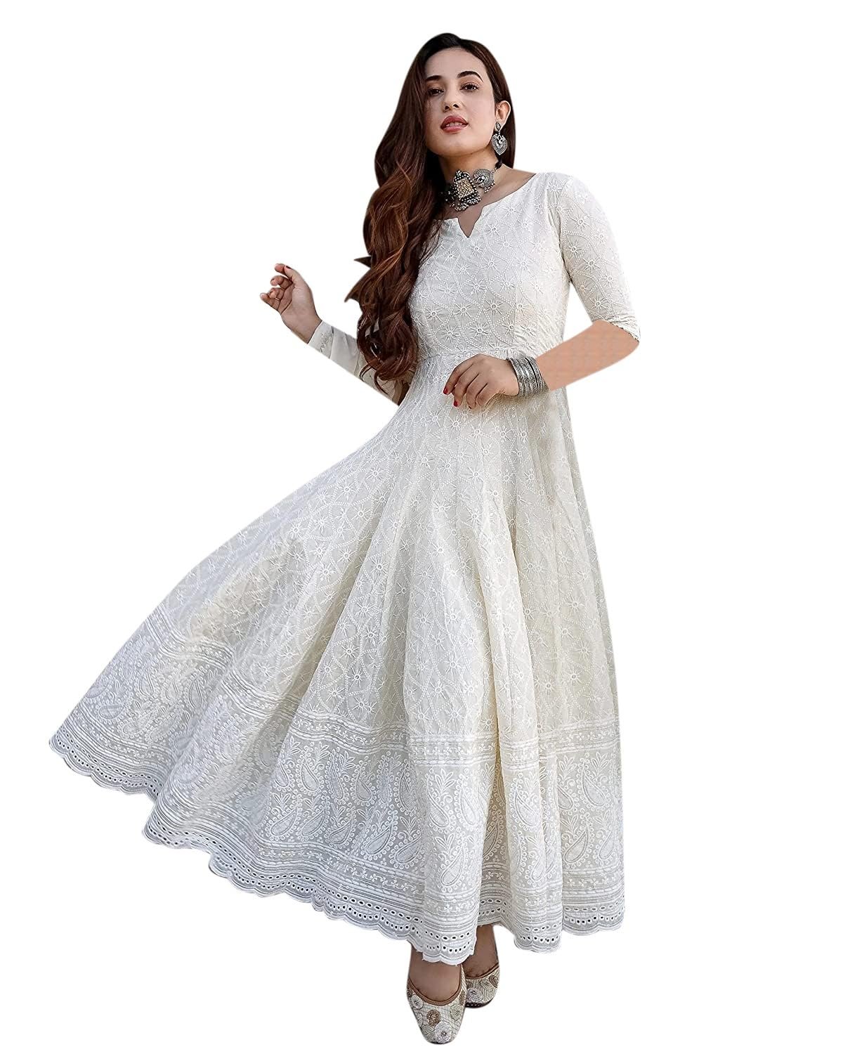 LookMark Women’s Chikankari Embroidered Ethnic Gown, Ankle Length Flared Dress, 3/4 Sleeves, Traditional Indian Wear