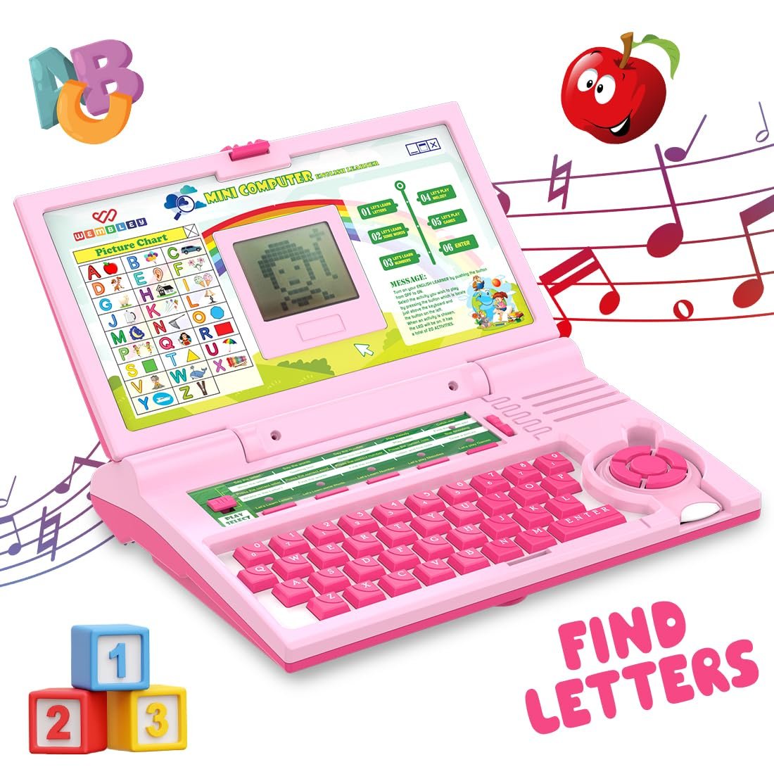 Wembley Educational Laptop for Kids Toys for 2-5 Years Learning Activity Computer Educational Toy for 3 Years Old Boy Learn Alphabet,Letter,Words,Games,Mathematics,Music,Logic Memory Tool,Multicolour