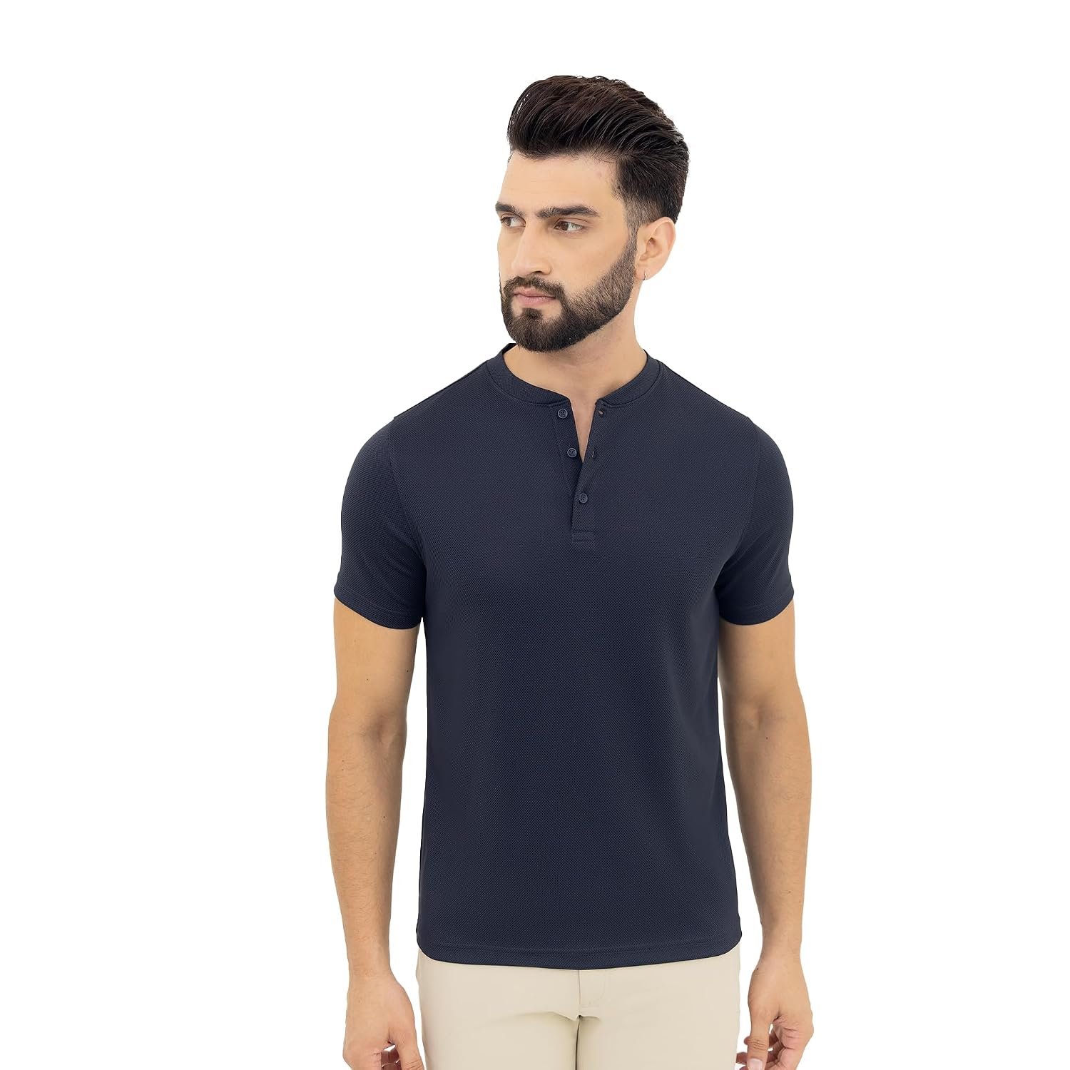 Men’s Solid Navy| Work-to-Workout Henley | Breathable All-Day Comfort Shirt | Collarless Active & Casual Top |