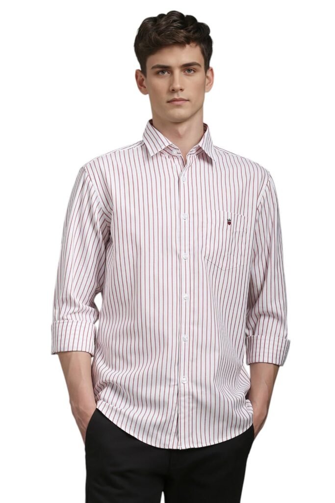 Louis Philippe Men’s Slim Fit Signature Oxford Easy Care, Natural Stretch Full Sleeve Stripe Cotton Casual Shirt