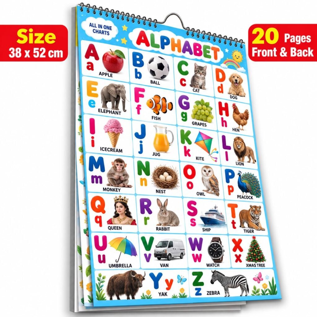 All in One English ABCD Chart For Kids (20 Charts ) 38 x 52 cm – Children Spiral Wall Picture Chart Including Alphabet Charts for kids learning 2 + … | Return gift for birthday party for kids