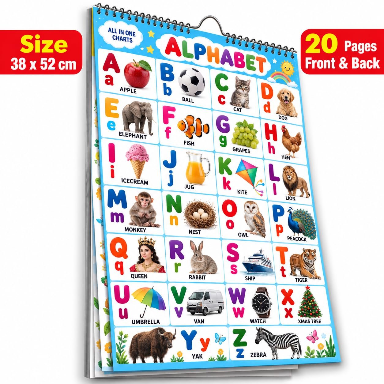 All in One English ABCD Chart For Kids (20 Charts ) 38 x 52 cm – Children Spiral Wall Picture Chart Including Alphabet Charts for kids learning 2 + … | Return gift for birthday party for kids