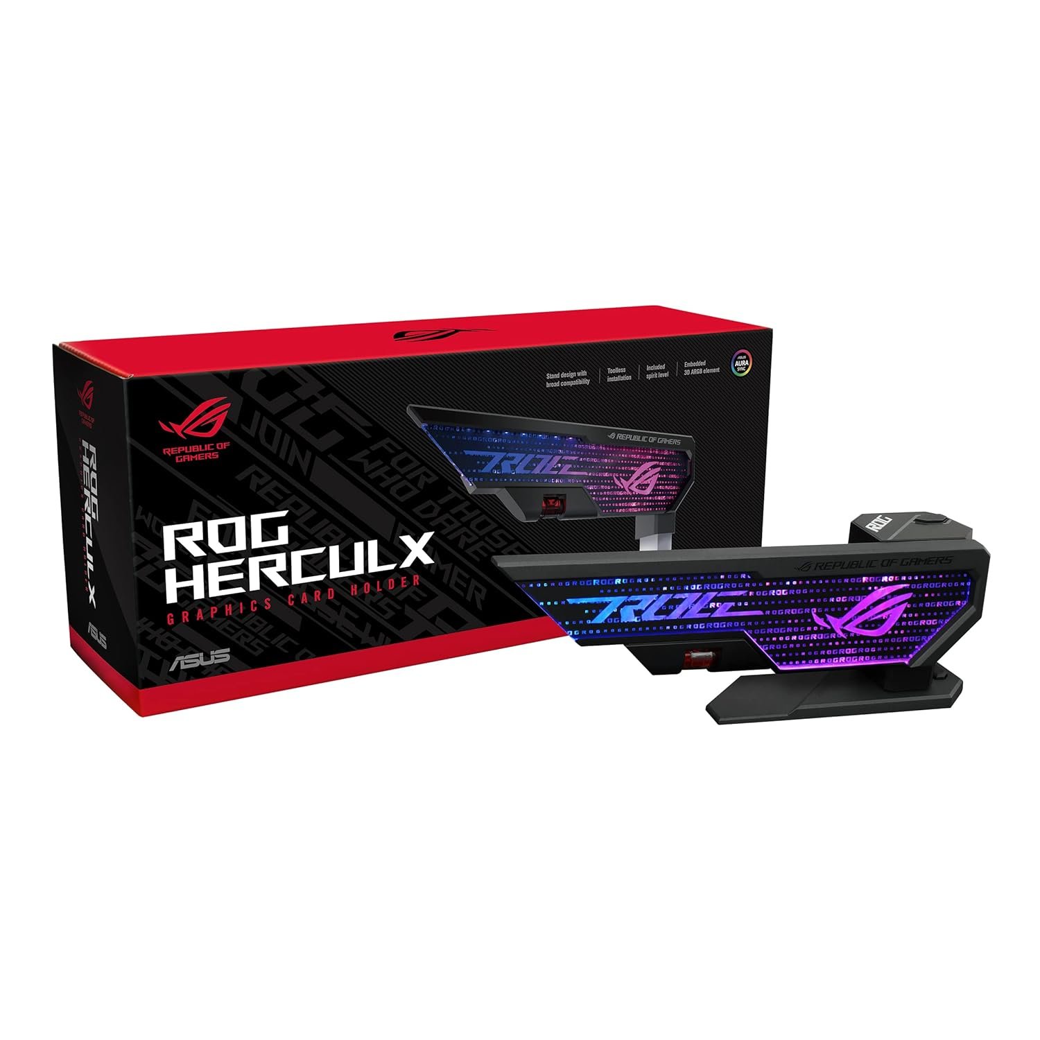 ASUS ROG Herculx DDR_dram pci_e Graphics Card Anti-Sag Holder Bracket (Solid Zinc Alloy Construction, Easy Installation, Included Spirit Level, Adjustable Height, Wide Compatibility, Aura Sync RGB)