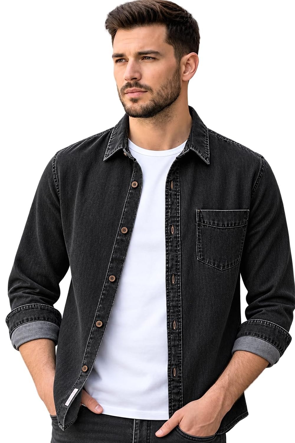 Men’s Denim Shirt, Long Sleeve Button Down Casual Shirt with Chest Pocket