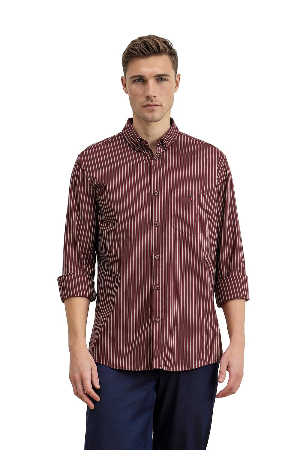 Louis Philippe Men’s Slim Fit Signature Oxford Easy Care, Natural Stretch Full Sleeve Stripe Cotton Casual Shirt