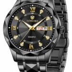 LONGBO Trident Diamond Analog Watch Black Dial Roman Numeral Markers Stainless Steel Bracelet Day-Date Calendar Luminous Business Formal Wristwatch Gift for Men Husband Brother