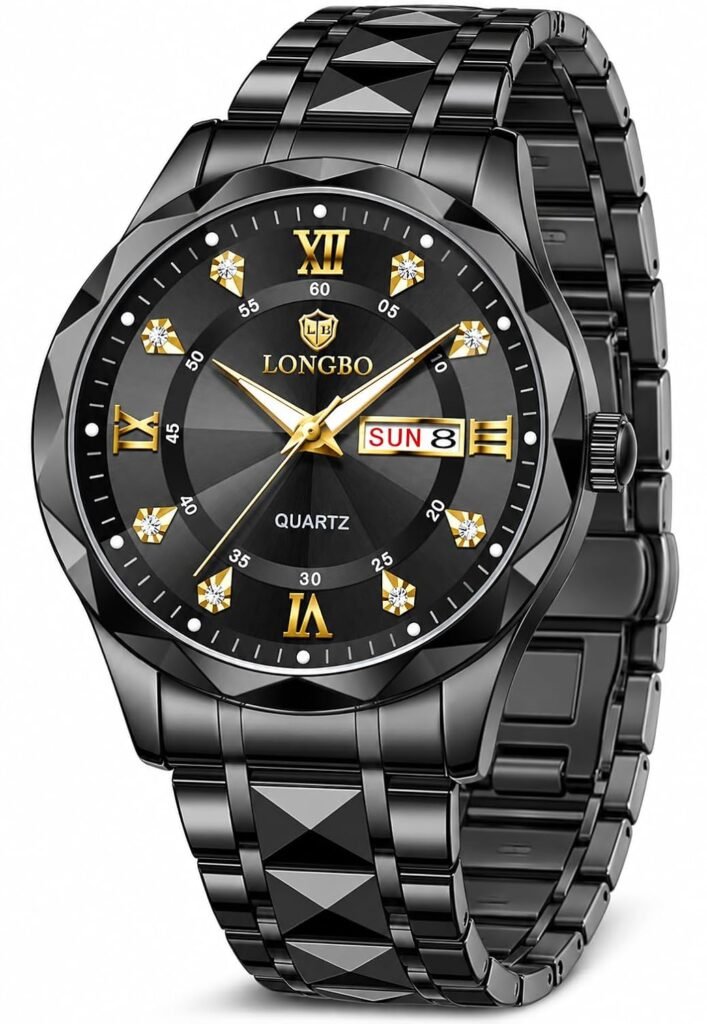 LONGBO Trident Diamond Analog Watch Black Dial Roman Numeral Markers Stainless Steel Bracelet Day-Date Calendar Luminous Business Formal Wristwatch Gift for Men Husband Brother