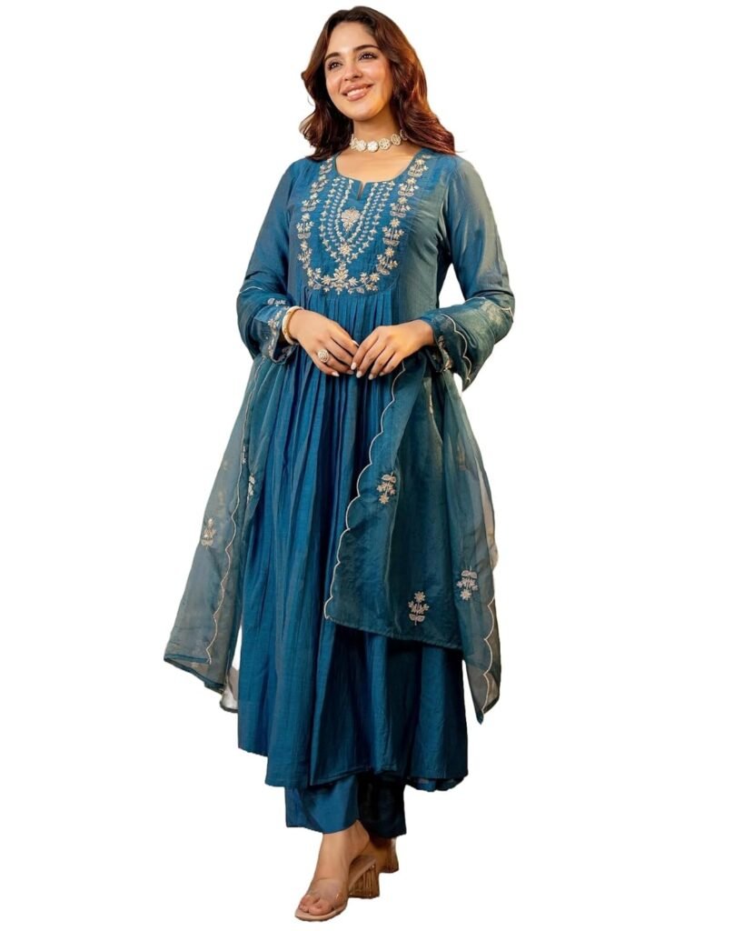 Nermosa Women Embroidery Solid A-Line Kurta and Pant Set with Dupatta Nermosa Women Embroidery Solid A-Line Kurta and Pant Set with Dupatta