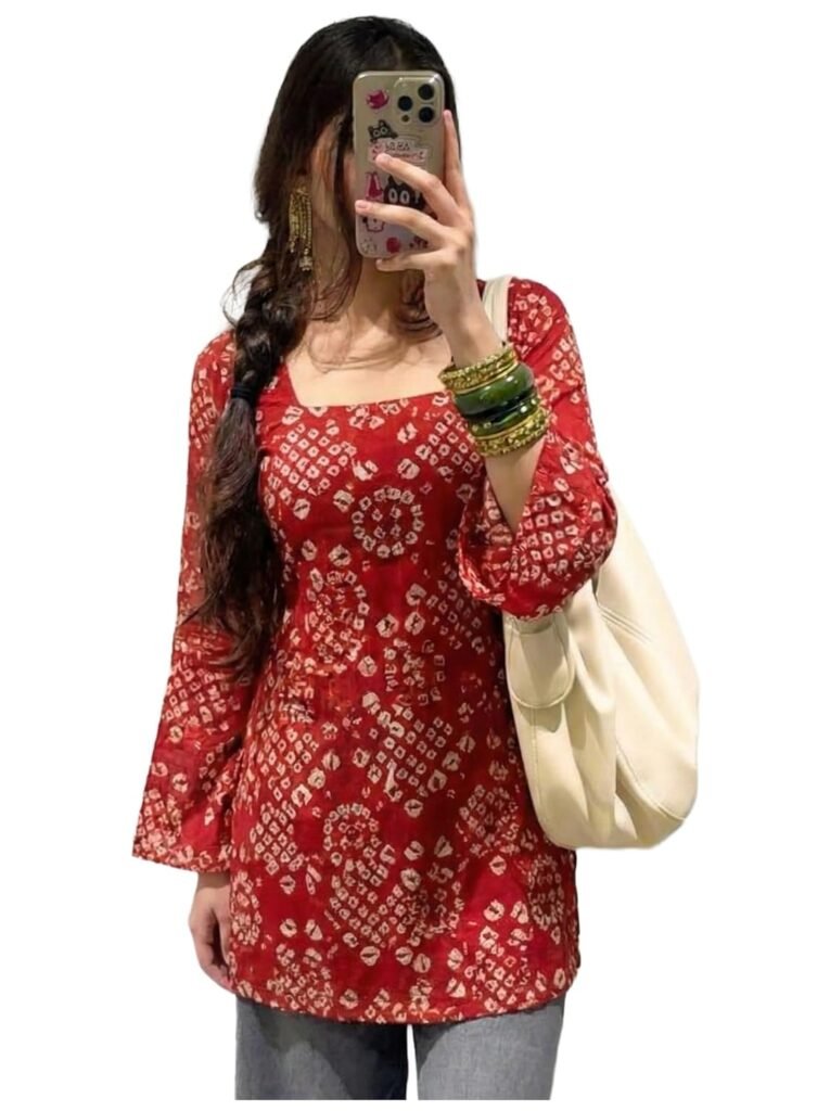 ANNI Designer Women’s Viscose Blend Printed Short Kurti | Straight Fit Casual Ethnic Top | Square Neck Full Sleeve Kurta Office College