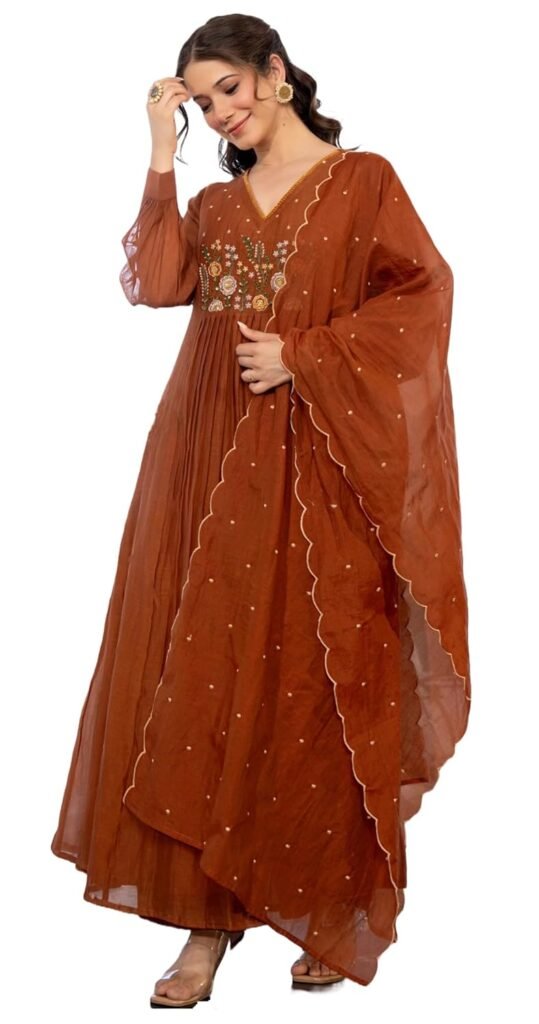 Nermosa Women Embroidery Solid Anarkali Kurta and Pant Set with Dupatta Nermosa Women Embroidery Solid Anarkali Kurta and Pant Set with Dupatta