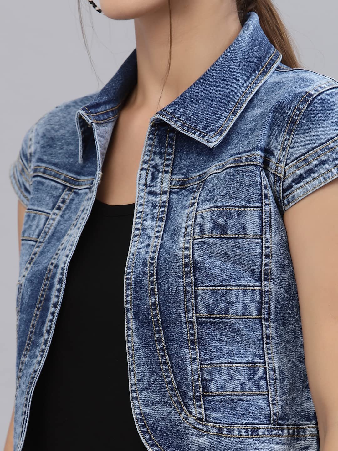 Style Quotient Women Navy Blue Denim Open Front Regular Shrug