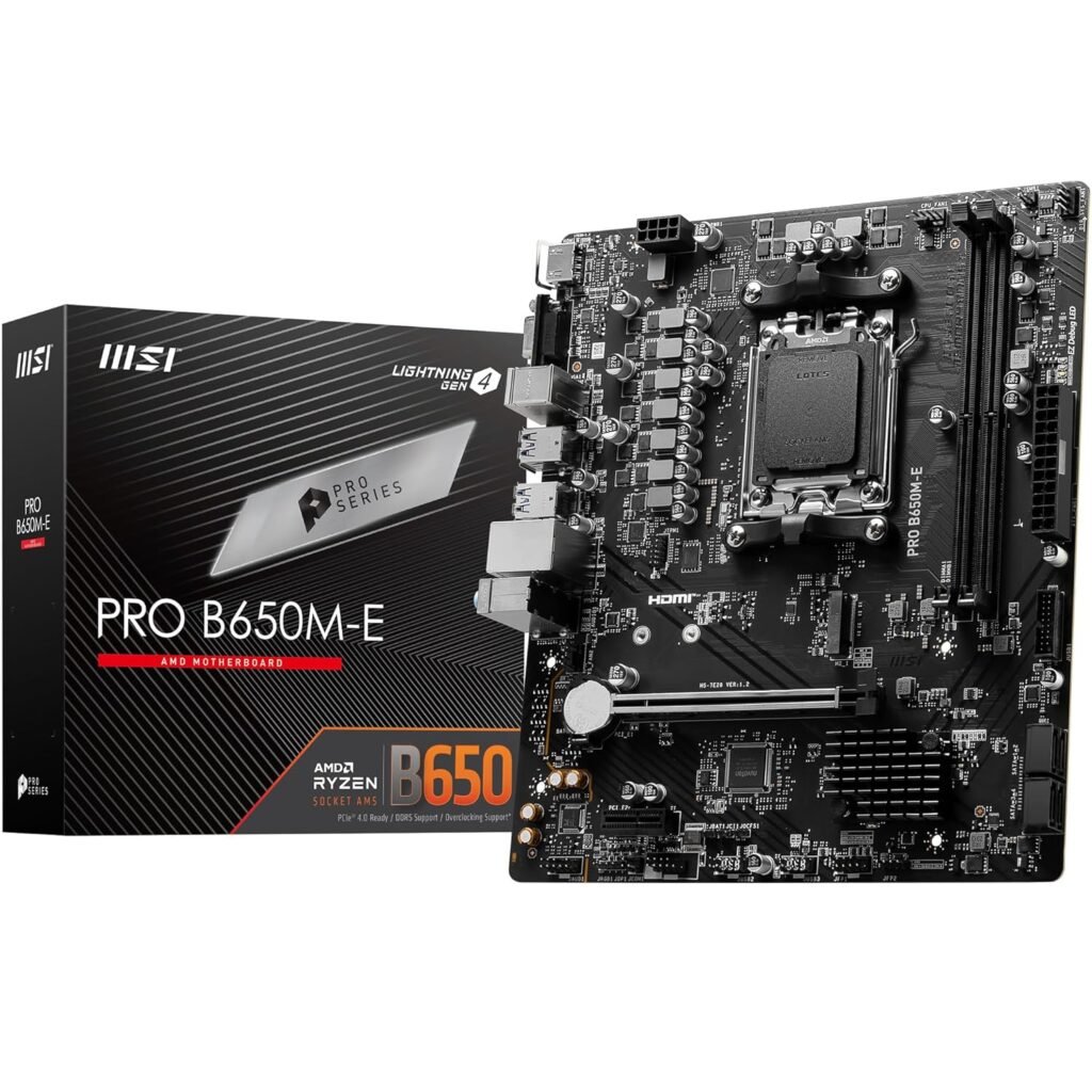 MSI PRO B650M-E Motherboard, Micro-ATX – Supports AMD Ryzen 9000/8000/7000 Series Processors, AM5 – DDR5 Memory Boost 6800+MHz/OC, 1 x PCIe 4.0 x16, 1 x M.2 Gen4