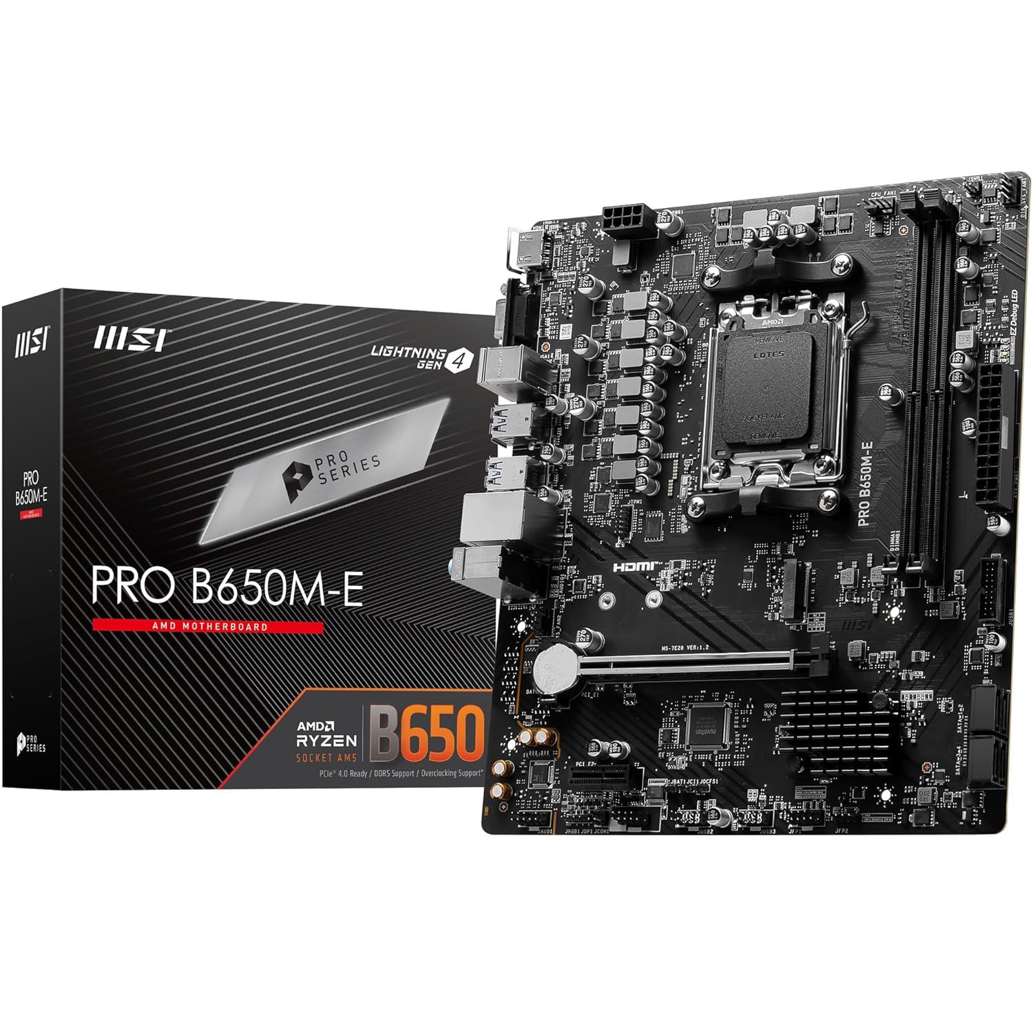 MSI PRO B650M-E Motherboard, Micro-ATX – Supports AMD Ryzen 9000/8000/7000 Series Processors, AM5 – DDR5 Memory Boost 6800+MHz/OC, 1 x PCIe 4.0 x16, 1 x M.2 Gen4