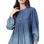 Janasya Women’s Blue Denim Faded Flared Top