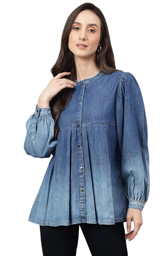Janasya Women’s Blue Denim Faded Flared Top