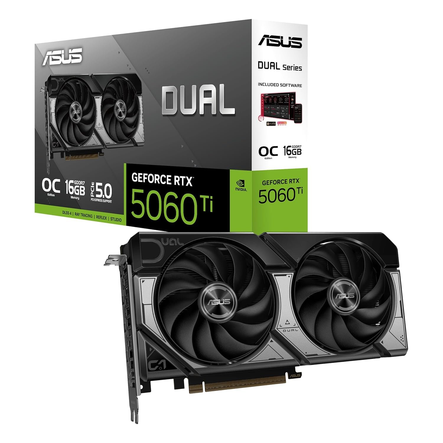 ASUS Dual GeForce RTX™ 5060 Ti 16GB GDDR7 OC Edition (PCIe 5.0, 16GB GDDR7, DLSS 4, HDMI 2.1b, DisplayPort 2.1b, 2.5-Slot Design, Axial-tech Fan Design, 0dB Technology, and More)