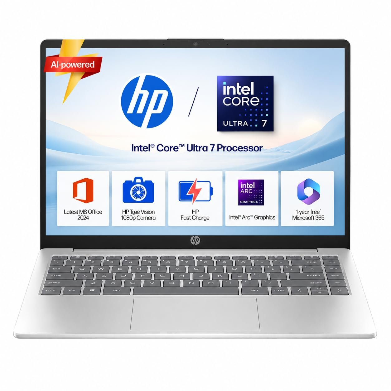 HP-14-Laptop-Intel-Core-Ultra-7-155H-16GB-DDR5 HP 14 Laptop, Intel Core Ultra 7 155H (16GB DDR5, 512GB SSD) FHD, Anti-Glare, Micro-Edge, 14''/35.6cm, Win11, M365 Basic(1yr)* Office24, Silver, 1.4kg, EP1151TU, Backlit, HD Camera w/Shutter
