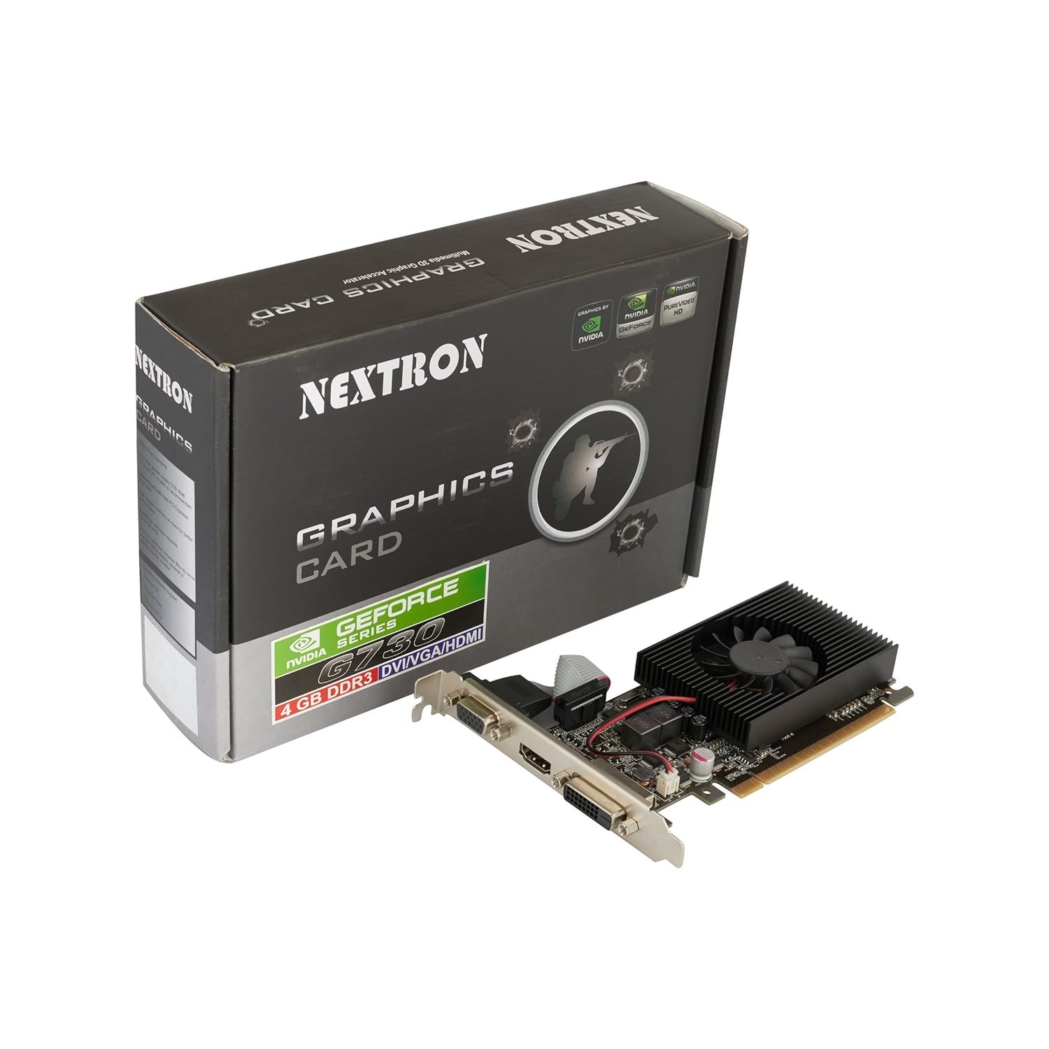 Nextron-Nvidia-GeForce-GT-730-4GB-64-Bit-DDR3-PCI-Express Nextron Nvidia GeForce GT 730 4GB 64-Bit DDR3 PCI Express Graphic Card / PCI-E 2.0 / 4GB / DDR3 / 64 Bit / D-SUB(VGA) / DVI-D/ HDMI / HDCP support/ 192 Cuda Core / Direct X 12 / 3D Accelerator/ Silent Cooling/ Heat Sink with Fan