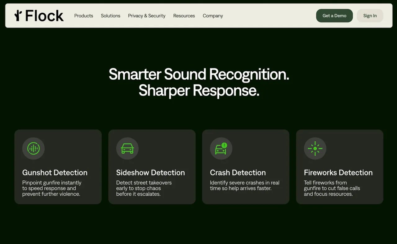 flock-screenshot-website Flock CEO says its microphones detect 'just gunshots' — its website says different